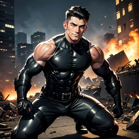 Age 27, One Man,Muscular、 black bodysuit 、 black leather pants 、Shocker Belt、 black gloves 、 black boots 、Combatant、Combat pose、 Face、City of Rubble bombing inflammation feet Spread it out、 cool battle pose 、Gay、logic、Handsome soldier Cool guy Upp...