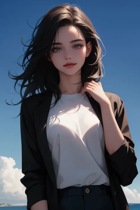 front view(best quality, ((masterpiece)), beautiful detailed eyes and face,8K resolution, cinematic lighting, ultra detailed, Semi-realistic), 1 woman, black hair, 25 years old, white shirts, middle hair, Slightly wavy hair, Red lips,smile, (blue sky)