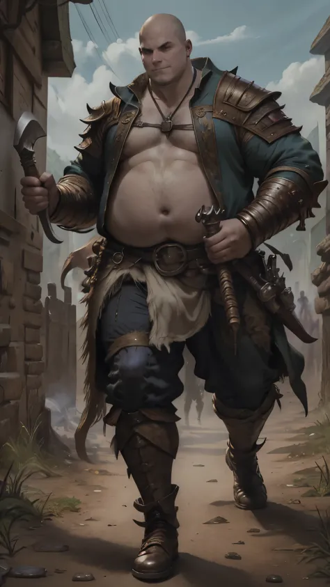  full body is shown, rpg, JRG Character, middle ages, Thiefs Head,  facing the front,  are very fat, Small, Belly protruding, Topless,  skinhead, Big man,  smirking , I have a stubble beard ,  Gauntlet ,  carrying a huge axe,  facing the front