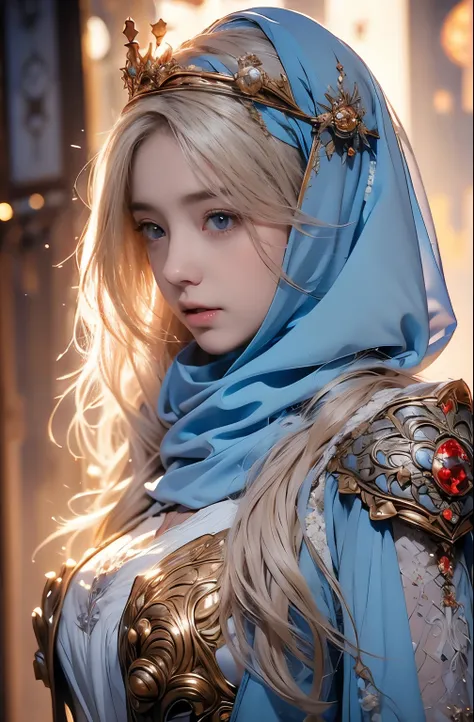 wearing a hijab  , blue eye, blond hair, around , (golden silver hijab), tmasterpiece，Best quality at best，A high resolution，8K，((Portrait))，(upper body)，Original photo，real photograph，digital photography，(Female princess in the medieval fantasy style)，(Me...