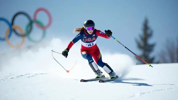 award-winning photo on a beautiful Team USA downhill skier who has just gone airborne as she races down the mountain, with the olympic rings in the background, masterpiece, photorealism, best quality. 