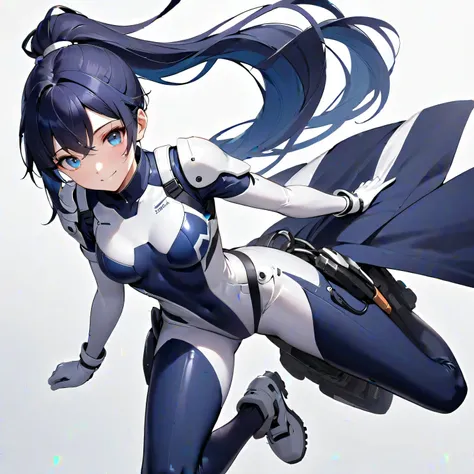 (​masterpiece、 top quality、 highest resolution、Clear image、 detailed images、 The angle is from above ): (solo、Lonely Girl、Japanese Face、 high knot ponytail、Dark blue hair girl、Sparkling Blue Eyes、( white and navy blue pilot suit with enamel finish、 white a...