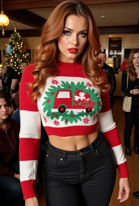 beautiful large breasts supermodel, fluxbodybuilder, boring, light brown hair with ginger highlights, dark suntan, ((((freckles)), facial expression style shy and demure)), female athlete, long red white green Christmas sweater, black jeans, heavy makeup, ...