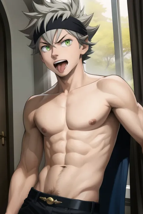 masterpiece, best quality, high quality, 1boy, solo, male focus, looking at viewer, shirtless, slim, waist body, asta, green eyes, headband, grey hair, spiked hair, penis, mouth open .