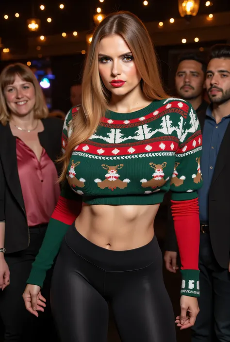 beautiful large breasts supermodel, fluxbodybuilder, boring, light brown hair with ginger highlights, dark suntan, ((((freckles)), facial expression style shy and demure)), female athlete, green red black Christmas sweater with white fur trim, black yoga p...