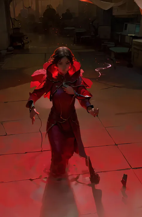 ((Best quality, 8k, 32k, Masterpiece, UHD:1.2), ((Scarlet Witch)) ((overhead shot)) "Transform the setting into the Post-Incursion Universe as depicted in Doctor Strange in the Multiverse of Madness, a chaotic and surreal realm where the remnants of realit...