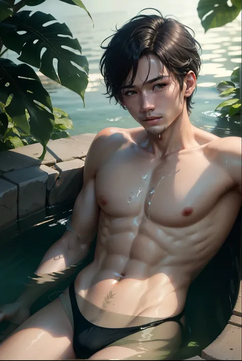 
1 boy, Young,  detailed eyes and faces ,  perfect male body , face to the camera  ( short hair,  half of the body in the water, topless, bathing in the water , wet hair and body), portrait, Chinese clothes, Chinese landscape,  outdoor, hibiscus, parque de...