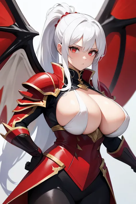 White hair, ponytail, super huge breasts, red and black armor, dragons wings, red little hands