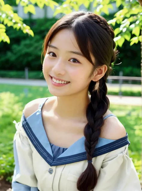 Japanese junior high school girl, , smiling, off-shoulder braids, park with lots of greenery