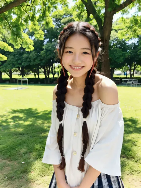 Japanese junior high school girl, , smiling, off-shoulder braids, park with lots of greenery