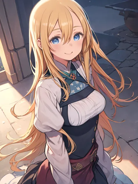 A woman wearing a dirndl、 cute、 medieval fantasy peeking through a keyhole、 smiling、 upper body、 blond hair、hair between eyes、 blue eyes 、 straight long hair、
