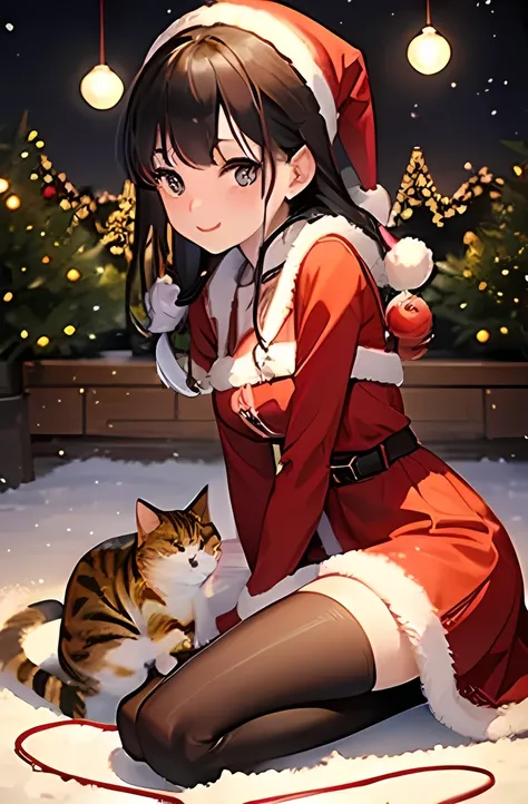 ((Petting a cat))、  Japanese、woman、18 years old、  very slender 、 (  Christmas costume)、 (  Christmas lights ))、 smile、 Thin legs