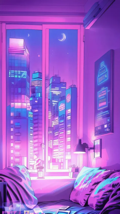 pink theme, anime style, Huge city background , beautiful hotel , living room , on the computer screen there is a stock chart with night light , ( highly detailed :1.2), (warm light:1.2), Masterpiece, ultra realistic,32k, extremely detailed CG unity 8...