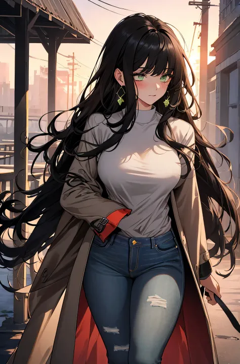 (top quality, masterpiece, high quality, ultra-delicate), ((beautiful adult woman)), ((Dark black hair)), mature, graceful curves, (long hair, long bangs), ((bright green eyes)), detailed eyes, modern clothing, bangs, fashionable clothing, ((Black Overcoat...