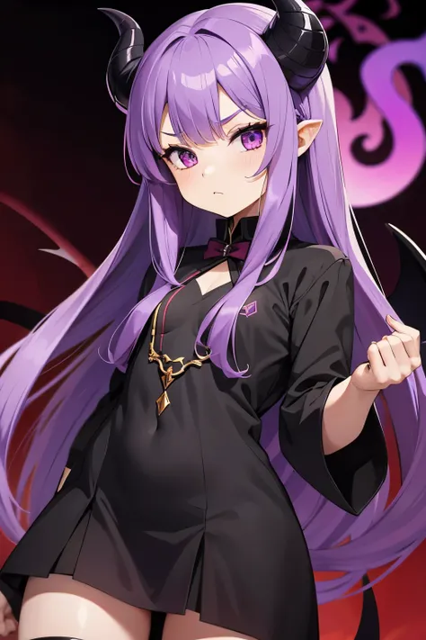 purple hair, long hair, devils horn, loli girl, small breasts, black clothes, female demon