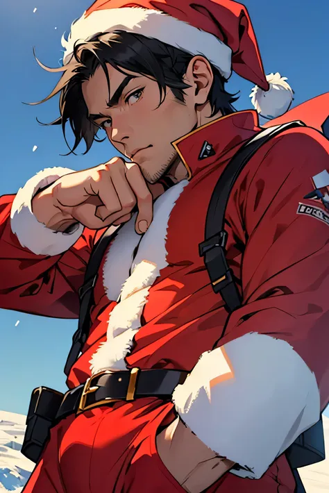  Japanese　　Handsome Santa Claus　Short cut　 black hair　　male　 Santa Claus Costume Image Red Tight Full Body Suit　More tight suits　 spats　　Bulge　　Santa hat　　Antarctica　In the snow　blue sky　 close-up 　