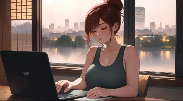 "A cozy room night scene rainy featuring A woman big bobs with short wavy auburn hair tied in a loose bun, wearing a pink tank top and fit jeans, The woman is focused on typing on a laptop placed on the desk. Behind her, a large glass window reveals a view...