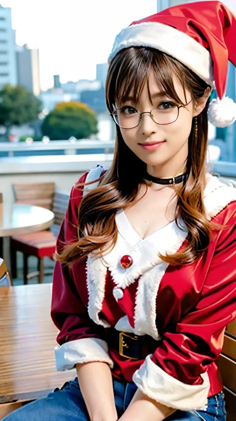 (( carefully depicts limbs based on perfect anatomy )),1 person, contrast between morning light and deep shadows ,((( cute, glamorous, and elegant woman wearing glasses , wearing a red Santa hat for Christmas , sitting by a coffee shop window in the mornin...