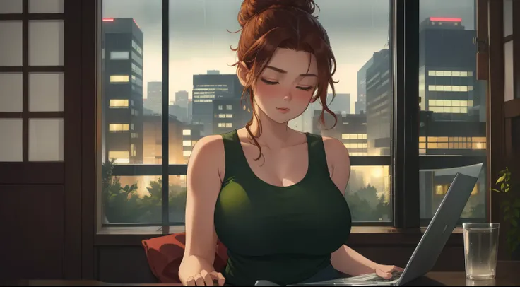 "A cozy room night scene rainy featuring A woman big bobs with short wavy auburn hair tied in a loose bun, wearing a green tank top and fit jeans, The woman is focused on typing on a laptop placed on the desk. Behind her, a large glass window reveals a vie...