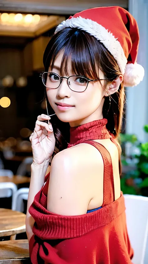 (( carefully depicts limbs based on perfect anatomy )),1 person, contrast between morning light and deep shadows ,((( A charming and elegant woman with a cute, glamorous, and elegant smile wearing glasses , wearing a red Santa hat for Christmas , Standing ...