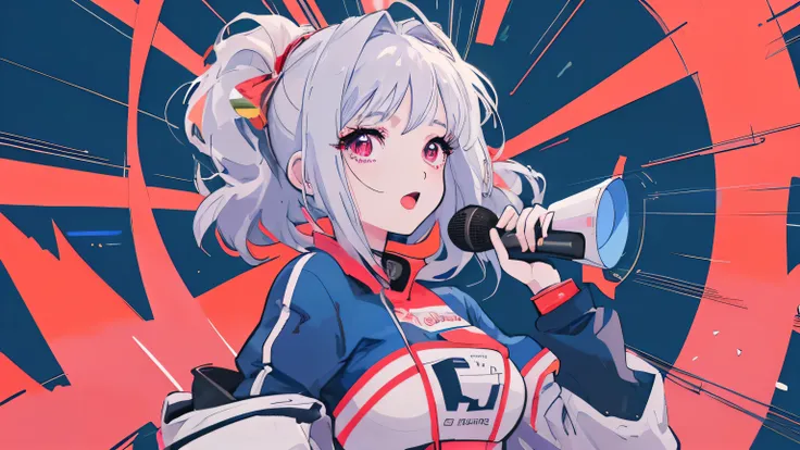 Woman singing with a loudspeaker、  Max Image、 top quality,８k、Sharp lines、anime、animeスタイル