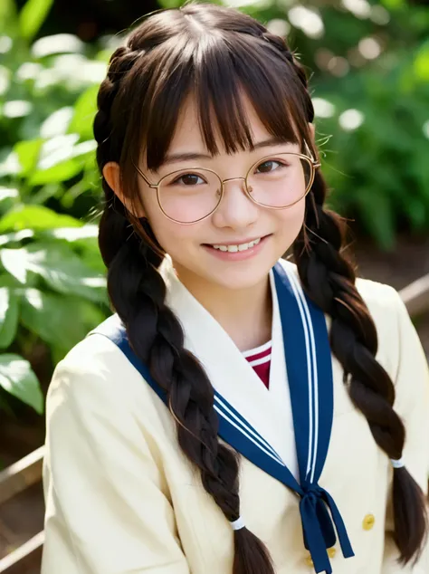 Japanese middle school girl, , smiling, braids, park glasses with lots of greenery
