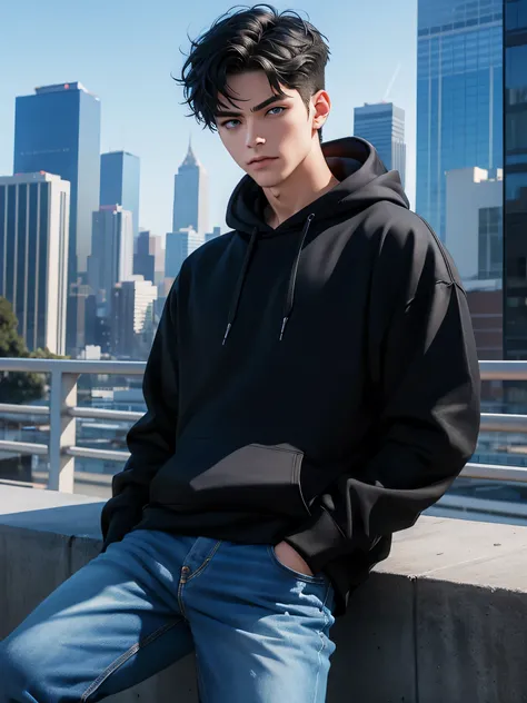 1male, black hair, blue eyes, city background, black hoodie, blue jeans, best quality, ultra-detailed, masterpiece