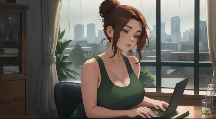 "A cozy room night scene rainy featuring A woman big bobs with short wavy auburn hair tied in a loose bun, wearing a green tank top and fit jeans, The woman is focused on typing on a laptop placed on the desk. Behind her, a large glass window reveals a vie...