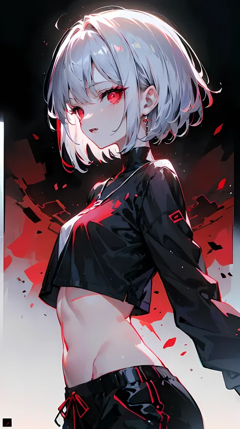 (ulzzang-6500:0,5), a vampire girl with short silver hair , wearing a black top and black legue pants .  Well proportioned body with fangs, sample and intense red eyes.  She is on a white bed with a slightly blurred background , focusing on the face and up...