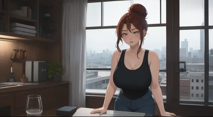 "A cozy room night scene rainy featuring A woman big bobs with short wavy auburn hair tied in a loose bun, wearing a purple tank top and fit jeans, The woman is focused on typing on a laptop placed on the desk. Behind her, a large glass window reveals a vi...