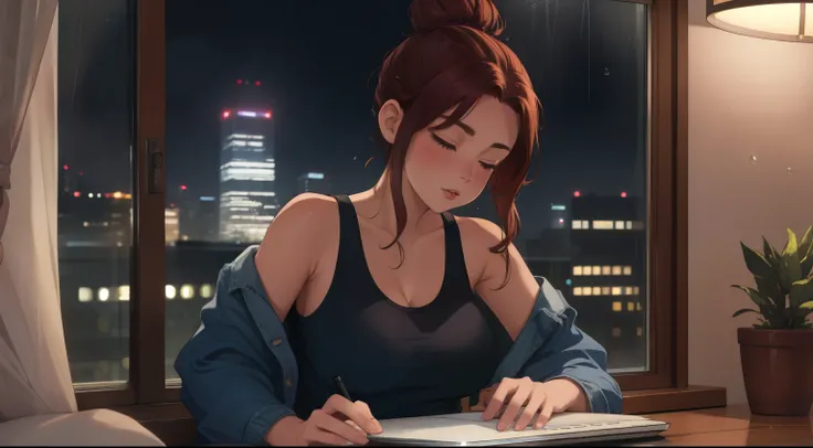 "A cozy room night scene rainy featuring A woman big bobs with short wavy auburn hair tied in a loose bun, wearing a purple tank top and fit jeans, The woman is focused on typing on a laptop placed on the desk. Behind her, a large glass window reveals a vi...