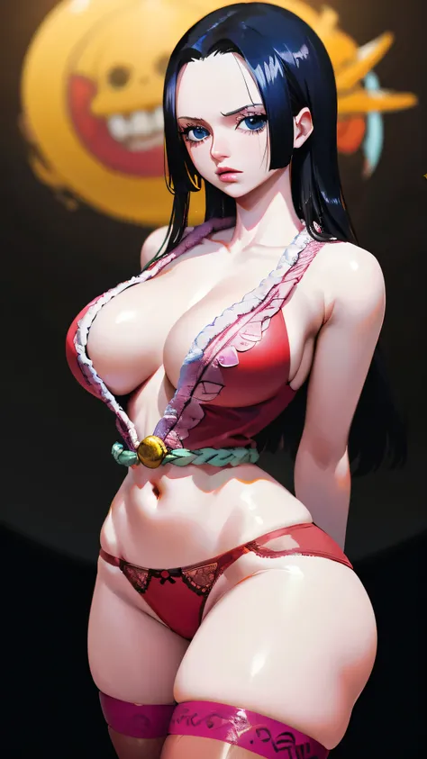 boa hancock, one piece, black hair, blue eyes, photorealistic, detailed coloring, detailed high quality, ultra detailed quality skin, detailed ray tracing lighting, round shape face, huge breasts, extra thick thighs, thigh highs, ulzzang, cleavage, red pan...