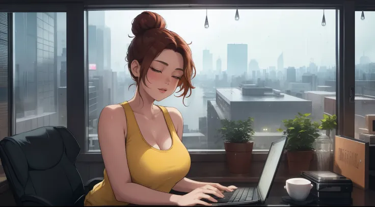 "A cozy room night scene rainy featuring A woman big bobs with short wavy auburn hair tied in a loose bun, wearing a yellow tank top and fit jeans, The woman is focused on typing on a laptop placed on the desk. Behind her, a large glass window reveals a vi...