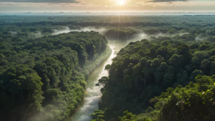  A stunning aerial view of the Amazon rainforest at dawn ,  with fog rising above the dense crowns of green trees . Lens In the foreground, a jaguar moves stealthily on the edge of the forest ,  its spotted fur shining under the golden light of the rising ...