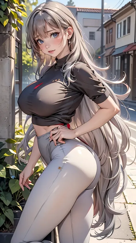 sfw,best quality, ultra high res,ultral detailed face and eyes, (photorealistic:1.4), blurry background,1girl,from side, put  hands behind  back, girl,teenage,school uniform,from beside,(black:white:green yoga pants), (light brown:red:grey hair:1.4), looki...