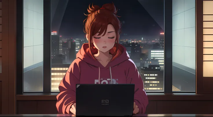 "A cozy room night scene rainy featuring A woman big bobs with short wavy auburn hair tied in a loose bun, wearing a purple hoodie and fit jeans, The woman is focused on typing on a laptop placed on the desk. Behind her, a large glass window reveals a view...