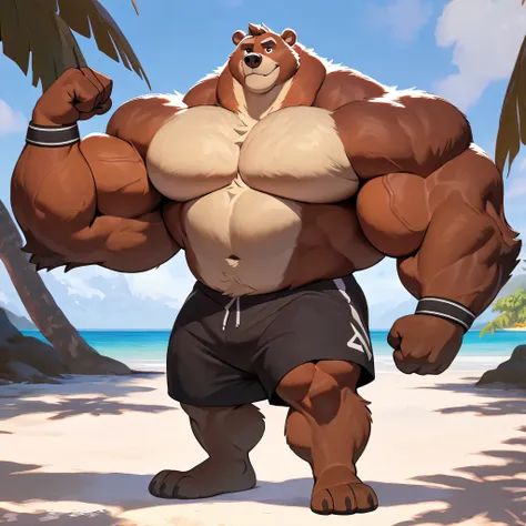 huge muscular kodiak bear in Tropical island beach, big grr, kodiak bear, huge brown fur, thick arm, huge arm, huge white fur, thick arm, huge arm, added brown mustache, added brown beard, short hair, height: 220cm, weight: 350lbs, (veiny bulked up muscula...