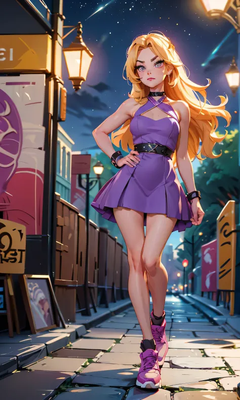  Masterpiece, 1 girl, beautiful, slim, head on,  looking at the spectator,  long hair ,  blond hair , brown eyes,  arched eyebrows ,  full body ,  pretty legs, abdomen plano, Kpop outfit , purple dress,  short dress , bell dress ,  bare shoulders , Megan n...