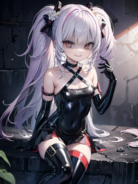 ((Highest quality)), (masterpiece)), (detailed: 1.4), Disorganized solutions、High resolution、(masterpiece:1.4)、Super detailed、Beautiful girl、Highest quality、masterpiece、Very detailed、(1 person):1.4、(Black latex)、、Twin tails、Short Twin tails、choker、:1.1,(Sh...