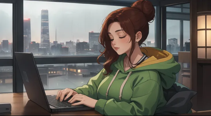 "A cozy room night scene rainy featuring A woman big bobs with short wavy auburn hair tied in a loose bun, wearing a lush green hoodie and fit jeans, The woman is focused on typing on a laptop placed on the desk. Behind her, a large glass window reveals a ...