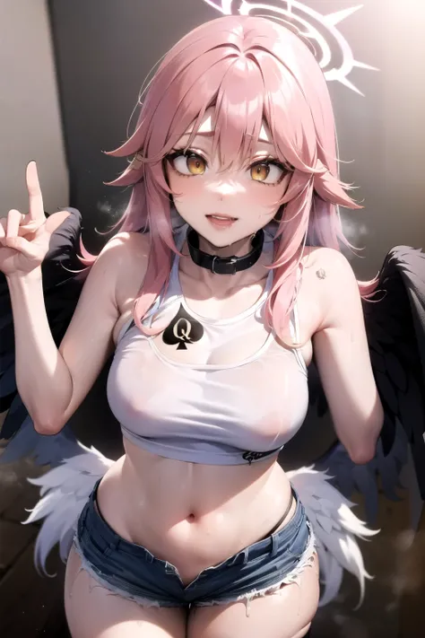 jibril, BREAK jibril, angel, angel wings, collar, animal ears, bird ears, compass rose halo, belly button, feathered wings, feathers, gradient hair, halo, long hair, low wings, multicolored hair, pink hair, symbol-shaped pupils, (salivating :1.2), thigh ta...