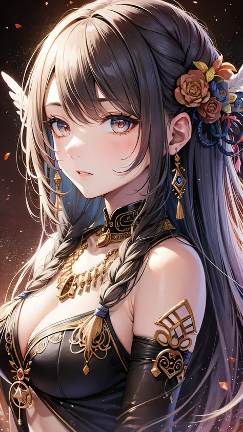 (( best quality)),(Ultra-haute résolution),( very detailed),(Detailed description),(( sparkling blue hair )),( masterpiece), Very detailed art ,( The best 3D infographic {x} Art with precise details:1.5), priestess, Black hair decorated with feathers and b...