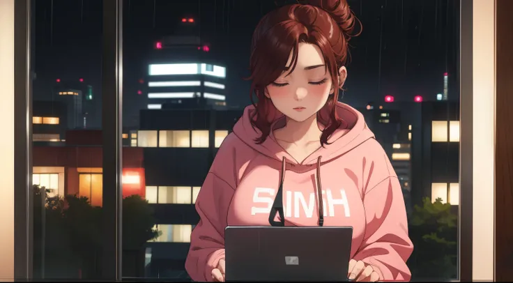 "A cozy room night scene rainy featuring A woman big bobs with short wavy auburn hair tied in a loose bun, wearing a lush pink hoodie and fit jeans, The woman is focused on typing on a laptop placed on the desk. Behind her, a large glass window reveals a v...