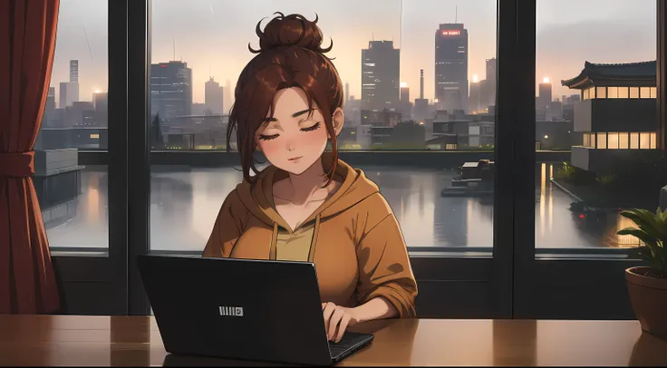 "A cozy room night scene rainy featuring A woman big bobs with short wavy auburn hair tied in a loose bun, wearing a lush brown hoodie and fit jeans, The woman is focused on typing on a laptop placed on the desk. Behind her, a large glass window reveals a ...