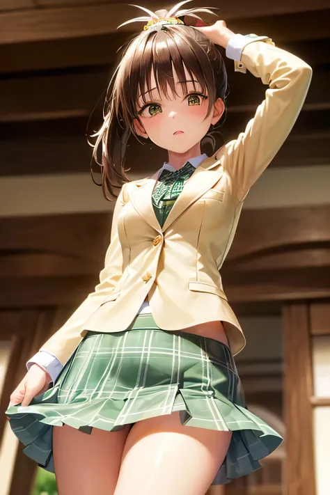  Perfect Anatomy　Best and highest quality,  highest resolution,(((cream colored school uniform with metallic luster　 blazer　shiny green plaid mini skirt　dark chestnut hair with a metallic sheen　 ponytail)))　Yuki mandarin orange　ToLOVEru　　 girl　 elementary ...