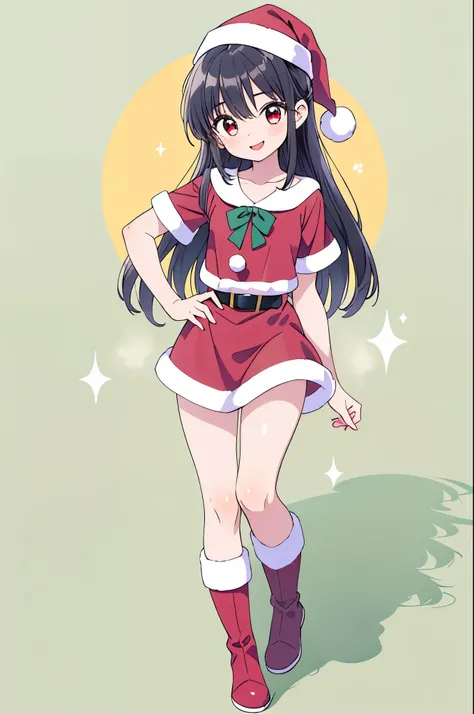 1 girl ,Shiny jet black hair,Long straight hair,
Puff out your cheeks,
red eyes,( Oblique eyes :1.1),( I have one big mole under my left eye:0.8),
Holy Night,
#Lift your bangs,
# peace sign,
full body photo,
A perfect smile,
santa costume ,Santa boot...
