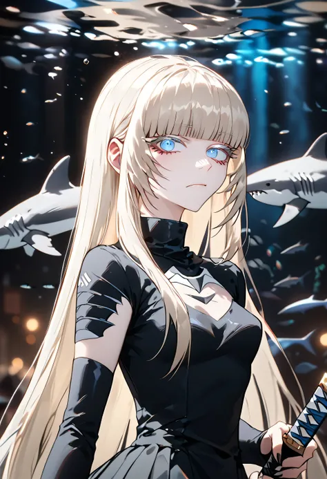 Anime style, 1 girl, 1 sexy girl, white pale skinned girl, porcelain skin, blue eyes, (HAIR: light blonde straight cut, long length, full bangs covering eyebrows, side framing fringe, extra long hair ) (BODY: half shark girl, neck gills, arm fins, dorsal s...