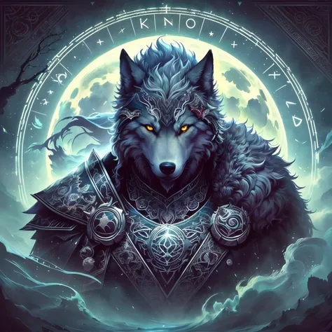 un gros plan dun loup avec une pleine lune en arrière-plan, portrait de loup fantastique, Fenrir, Fractal Thunder Dan Mumford, Grand Loup, dan mumford tom bagshaw, par Kerembeyit, an Loup anthropomorphe, Art fantastique épique symétrique, armure de loup, L...