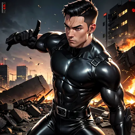 23 years old, One Man,Muscular、 black bodysuit 、 black leather pants 、Shocker Belt、 black gloves 、 black boots 、Combatant、Combat pose、 Face、City of Rubble bombing inflammation feet Spread it out、 cool battle pose 、Gay、logic、Handsome soldier Cool guy ...