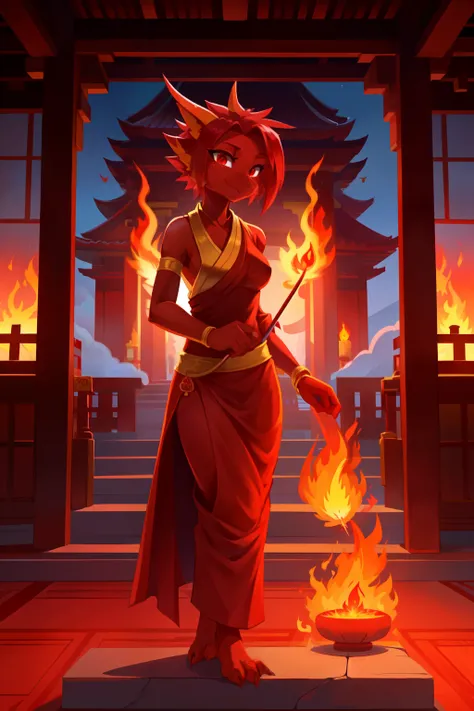 score_9,score_8_up,score_7_up, cartoon font, a vermilion phoenix bird, elegant red hair, medium breasts, beautiful crimson eyes, ((Buddhist monks clothes, fire aura, thousand-cuanca saurian,)), in a Buddhist temple , alone,